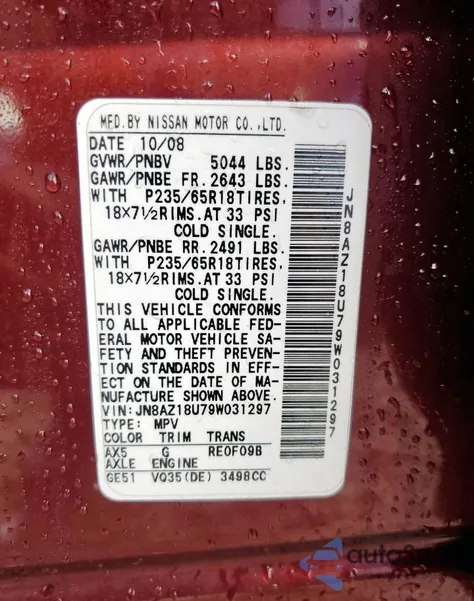 2009 Nissan Murano S z USA, uszkodzony, nr VIN JN8AZ18U79W031297